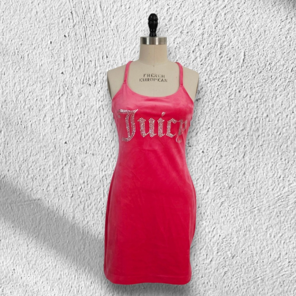 Juicy Couture Velour Mini Dress Strappy Coral Pink Velvet Bodycon Large - Picture 2 of 9
